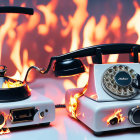 Retro telephones with flames on fiery background
