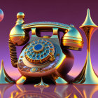 Surreal rotary phone with spire-like modifications on purple and orange gradient.