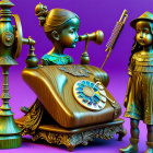 Stylized girls with vintage telephone and lamp in rich purple and gold tones