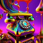 Colorful Gold Rotary Telephone on Purple Background