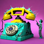 Turquoise statue-like figure with camera and melting yellow rotary phone on dark-purple background