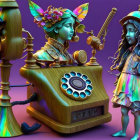 Vibrant 3D Artwork of Vintage Telephone and Phonograph with Floral Accents