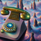 Surreal illustration of vintage rotary phone with jewels on alien landscape