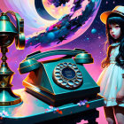 Illustration of girl with vintage telephone and astronaut helmet in cosmic setting