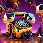 Colorful Retro-Futuristic Telephone Artwork with Liquid Metal Splashes