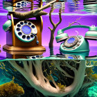 Vintage rotary telephones integrated into surreal underwater scene with vibrant marine life and corals.