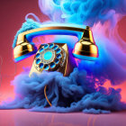 Vintage Telephone with Gold Accents Floating in Dynamic Blue and Purple Smoke on Pink Background