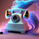 Vintage Telephone with Rocket Boosters and Smoke Trails on Pink and Purple Background