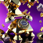 Luxurious golden roulette with flying golden and silver elements on purple background