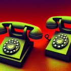 Vintage rotary dial telephones on red-orange gradient background