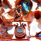 Bronze figurine, antique telephone, open book on blue crystalline backdrop