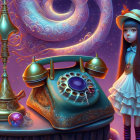 Vintage girl illustration with retro telephone and cosmic backdrop