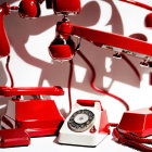Three vintage red rotary dial telephones with lifted handsets on white background