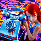 Vivid image of girl with red hair by retro chrome telephone