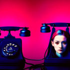 Serious Woman Among Vintage Telephones on Pink Background