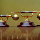 Golden-brown antique telephone with balance scale design: Stylized 3D image