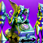Metallic female figures and classic telephone on shiny purple backdrop