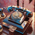Vintage-style rotary phone in glossy blue finish with intricate patterns on reflective surface amidst amber crystal formations.