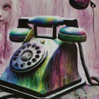 Surreal artwork of girl with oversized, paint-splattered vintage telephone