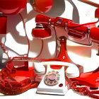 Vintage Red Rotary Telephones on White Surface