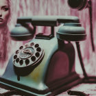 Vintage Telephone with Rotary Dial and Smiling Woman Photo on Blurry Background