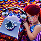 Vibrant illustration: red-haired girl with retro phone on colorful background