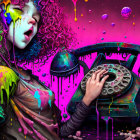 Curly-haired girl captivated by vintage telephone in vibrant, psychedelic scene