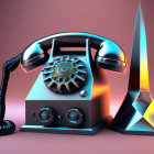 Vintage Telephone with Dial Centerpiece and Colorful Background Next to Triangular Sculpture