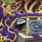 Vintage Green Telephone with Grapevines and Yellow Branches