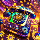 Colorful cosmos-inspired retro rotary phone on psychedelic space background