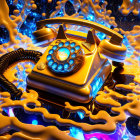 Vibrant gold rotary phone on surreal amber-blue background