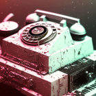 Vintage telephone and compass with digital melting effects on textured surface, red and black gradient background