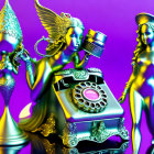 Three metallic humanoid figures next to vintage phone on purple background