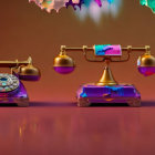 Colorful Vintage Telephones Melted in Paint on Reflective Surface
