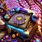 Colorful vintage rotary phone with ornate details in blue, purple, and gold hues