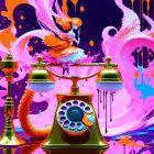 Colorful Whimsical Illustration of Woman on Vintage Telephone