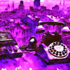 Vintage rotary phone and switchboard in purple cityscape illustration