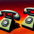Vintage Black Rotary Dial Telephones on Red-Orange Background