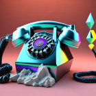 Colorful Retro-Futuristic Rotary Phone and Abstract Sculpture on Pink Background