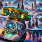 Surreal vintage rotary phone in cosmic space with colorful nebulas