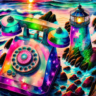Colorful illustration: telephone, UFOs, lighthouse, ocean waves, starry sky