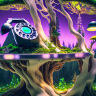 Fantastical landscape with oversized mushrooms and trees, phone on natural pedestal, purple sky