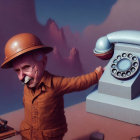 Man with helmet shouting into giant rotary phone in surreal landscape