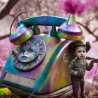 Vintage iridescent telephone with toddler, stick, fruits, and pink foliage