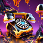 Colorful Retro Rotary Phone Surrounded by Dynamic Liquid Splashes