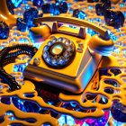 Vintage Yellow Rotary Phone on Reflective Surface with Gold and Blue Spheres