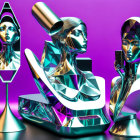 Abstract futuristic scene: chrome mannequin heads, reflective shapes on purple background