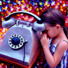 Young girl in blue dress listening to vintage rotary phone in vibrant leafy backdrop
