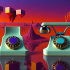 Vintage phone, geometric shapes, mountains in surreal sunset scene