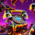 Colorful surreal image: Melting rotary phone with liquid splashes on purple background